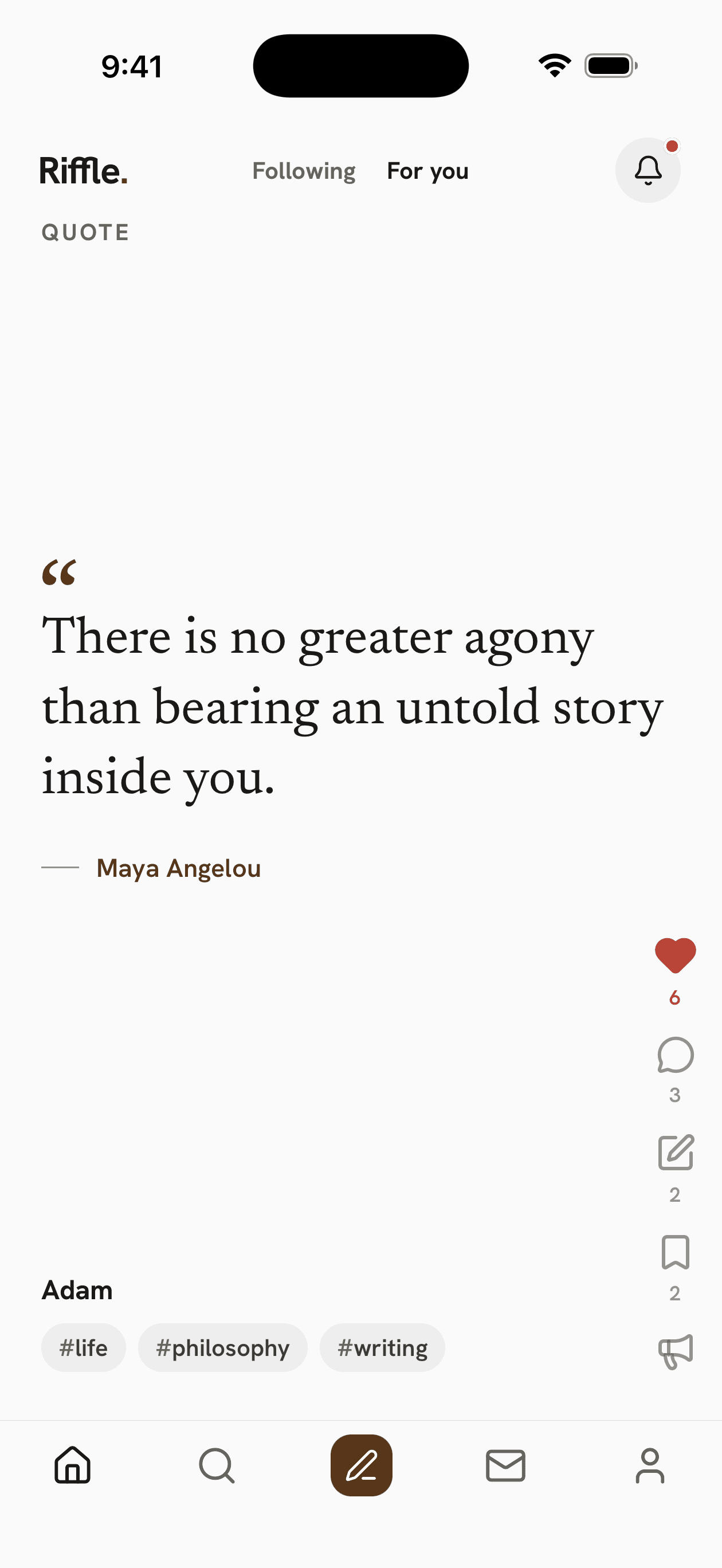 The Riffle feed showing a Maya Angelou quote
